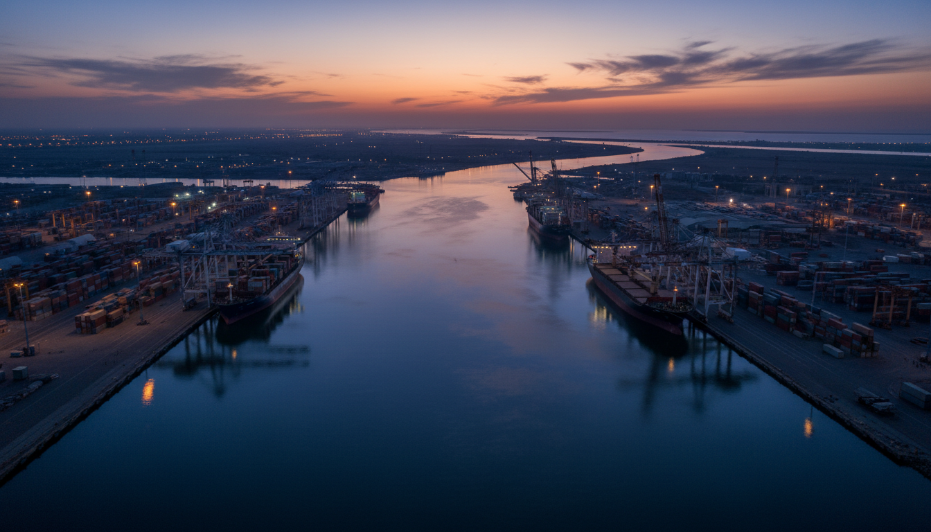 Aerial view of Port of Basra at twilight