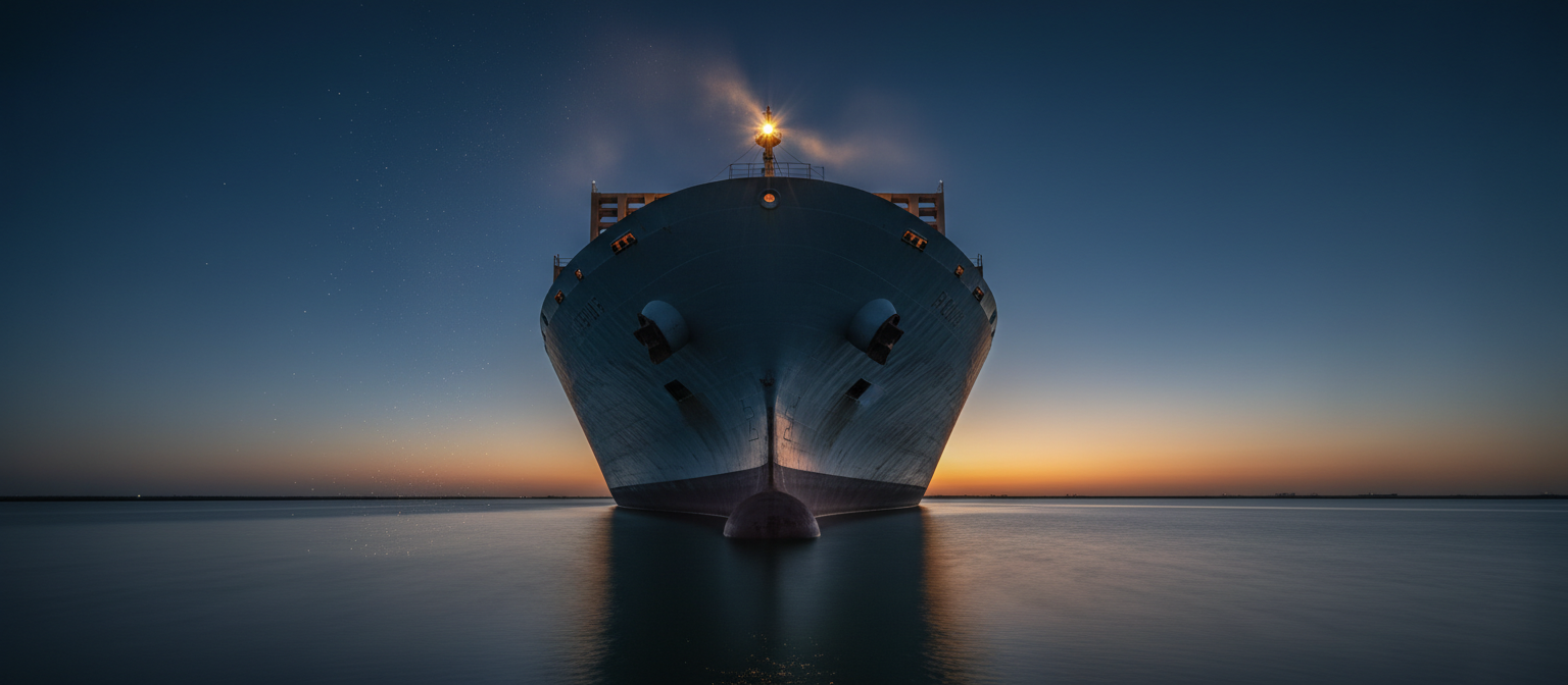 Container ship at Iraqi port during twilight